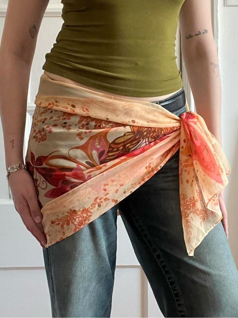 Orange & Pink Sheer Patterned Scarf